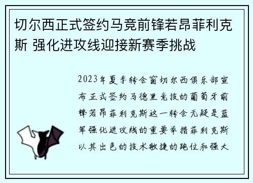 切尔西正式签约马竞前锋若昂菲利克斯 强化进攻线迎接新赛季挑战