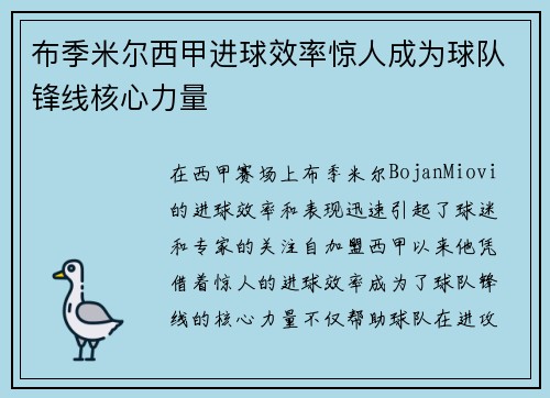 布季米尔西甲进球效率惊人成为球队锋线核心力量