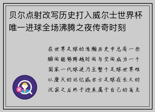 贝尔点射改写历史打入威尔士世界杯唯一进球全场沸腾之夜传奇时刻