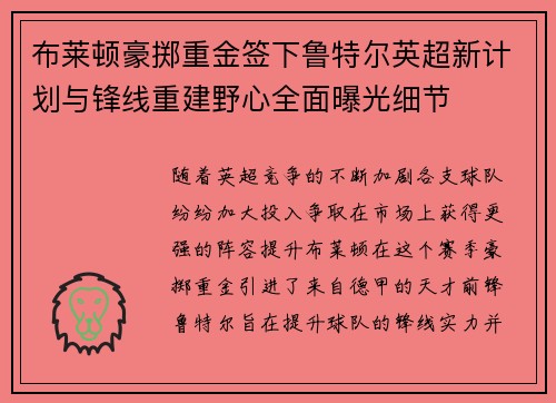 布莱顿豪掷重金签下鲁特尔英超新计划与锋线重建野心全面曝光细节