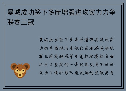 曼城成功签下多库增强进攻实力力争联赛三冠